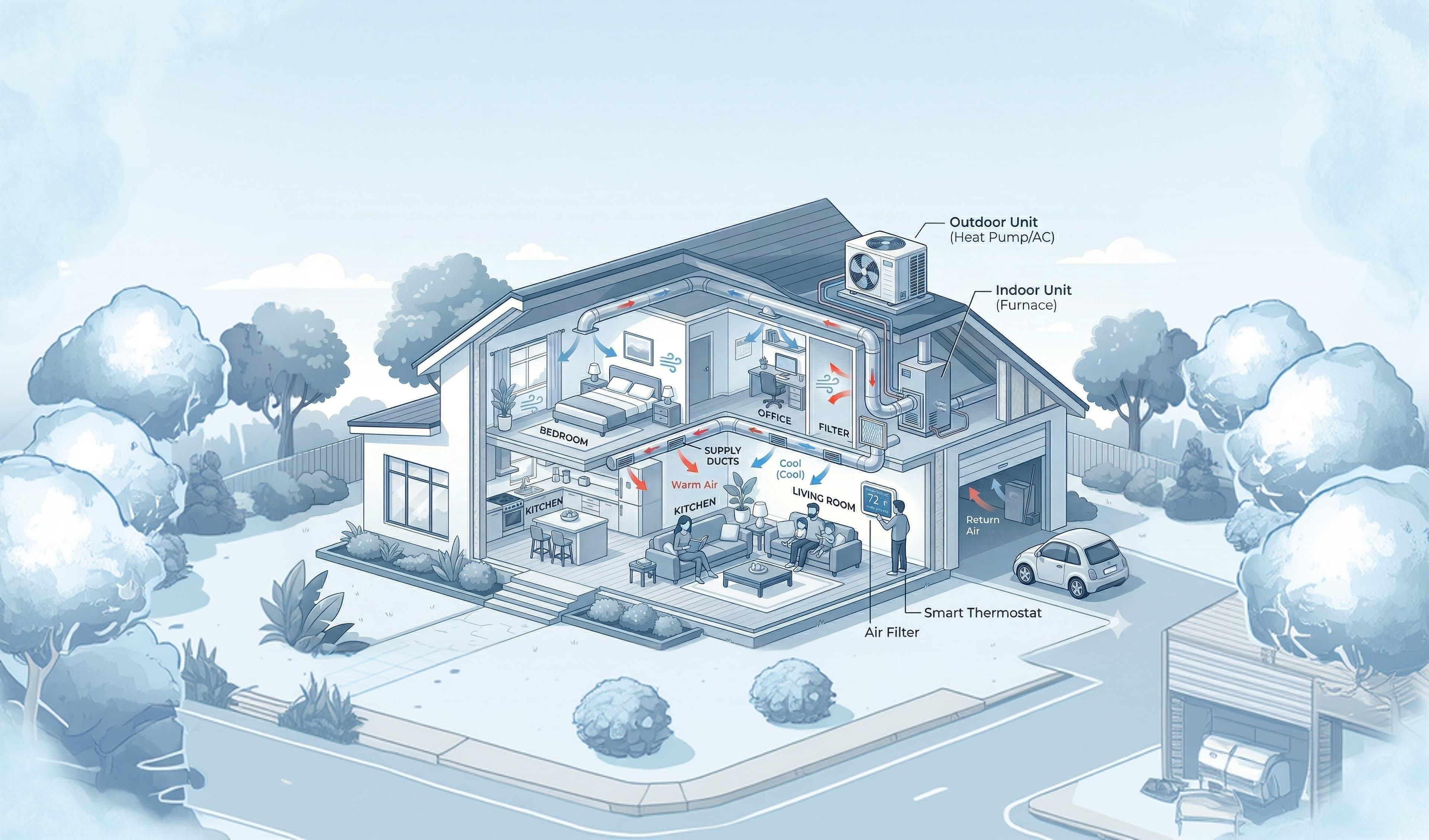 Cutaway illustration of a home with HVAC systems