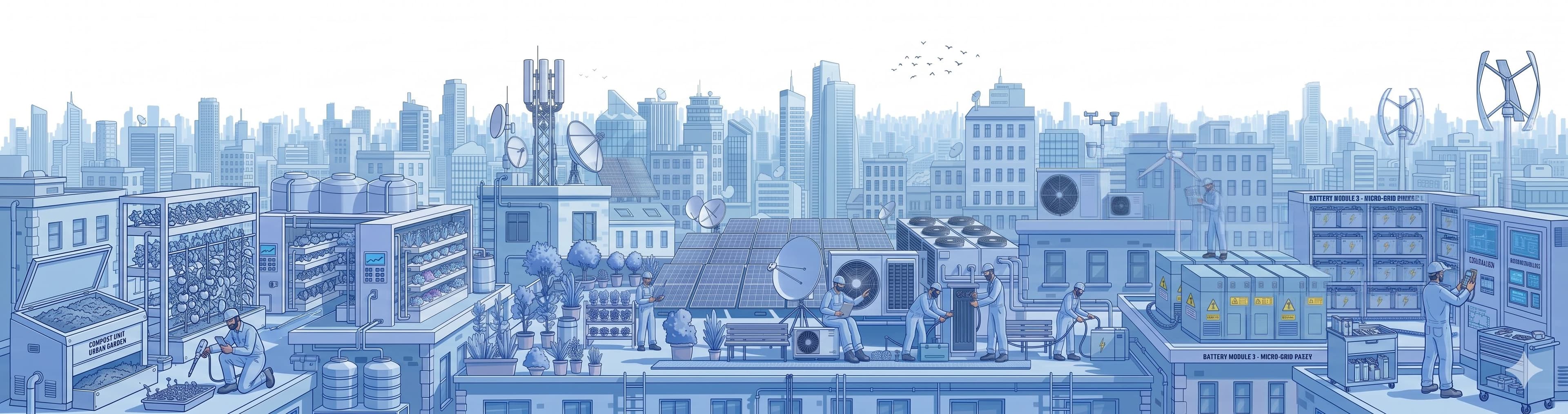 Illustration of an American city skyline with HVAC systems